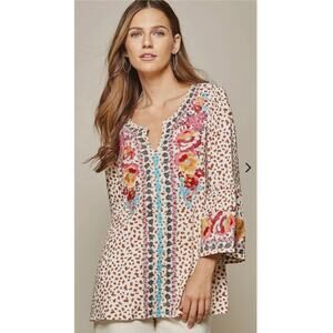 Savanna Jane Leopard Print Floral Embroidered V-Neck Bell Slc Tunic top Sz S